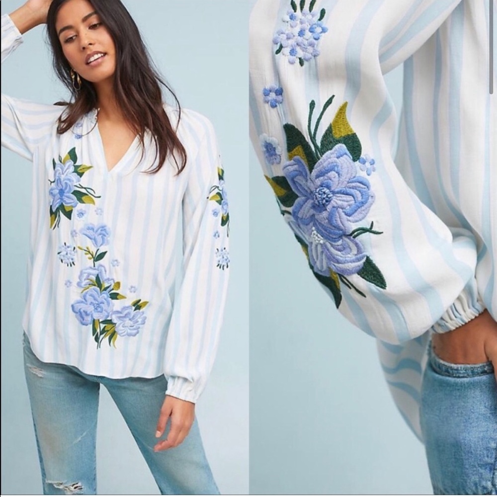 Anthropologie Akemi + Kin Blue and White Striped Embroidered Blouse